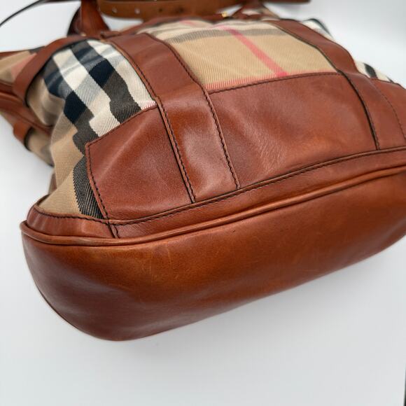 COA  Burberry Haymarket Check Tote Bag Leather Trim Italy Shoulder Crossbody - Picture 12 of 16